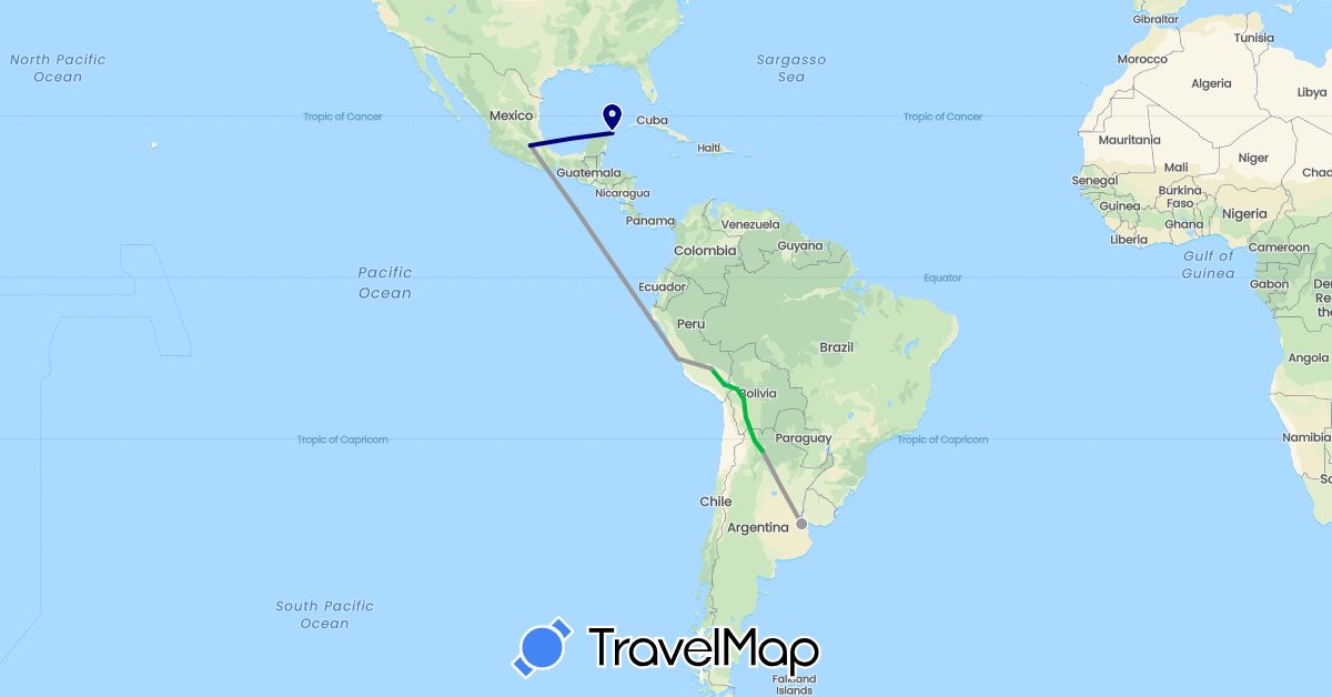 TravelMap itinerary: driving, bus, plane in Argentina, Bolivia, Mexico, Peru (North America, South America)